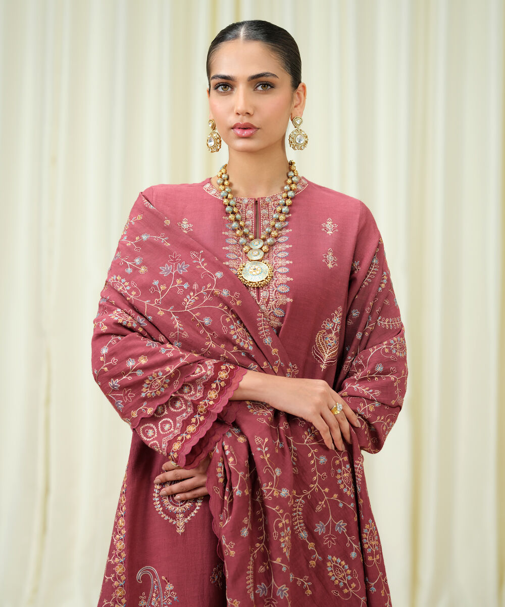 Women's Unstitched Viscose Karandi Embroidered Pink 3 Piece Suit