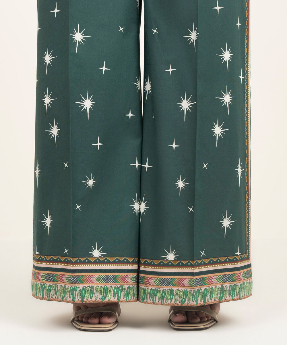 Women's RTW Cambric Printed Green Flared Pants