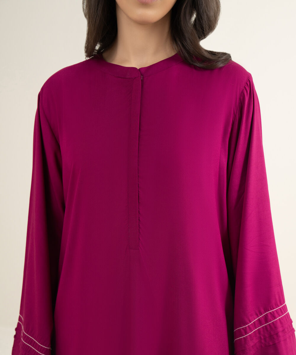 Women's RTW Arabic Lawn Solid Pink Straight Shirt