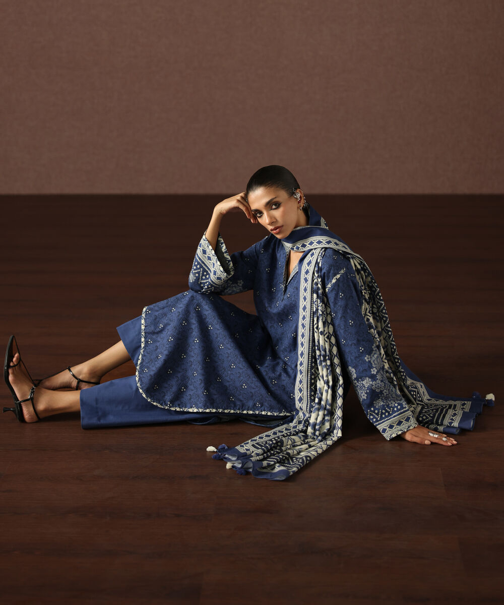 Women's Unstitched Light Khaddar Printed Blue 3 Piece Suit