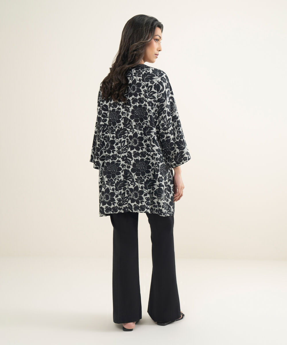 Women's RTW Arabic Cambric Printed Black Drop Shoulder Shirt