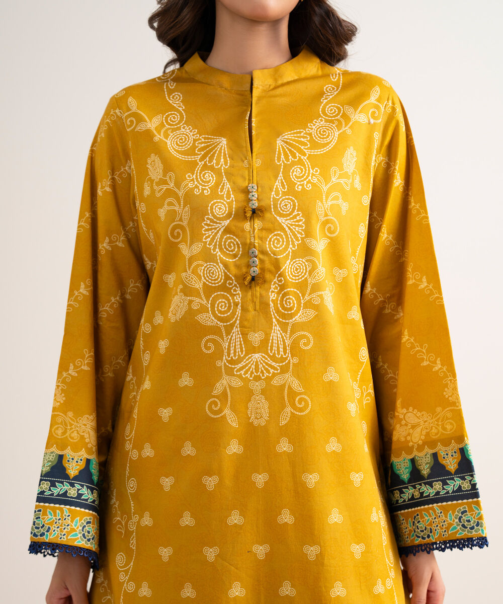 Women's Unstitched Printed Lawn Mustard 3 Piece Suit