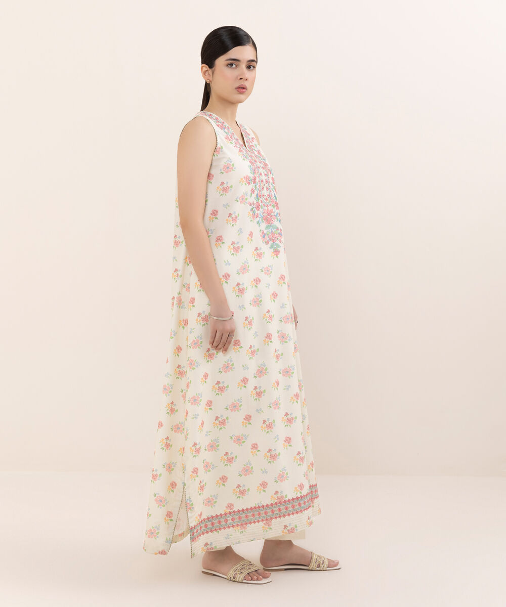 Women's Unstitched Cotton Embroidered Off White Two Piece Suit