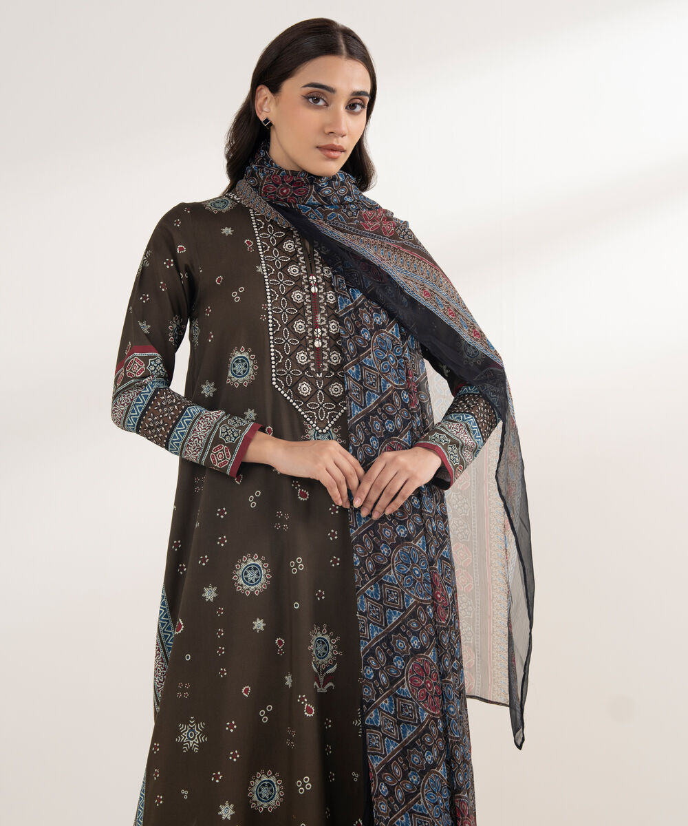 Women's Unstitched Light Linen Printed Brown 3 Piece Suit