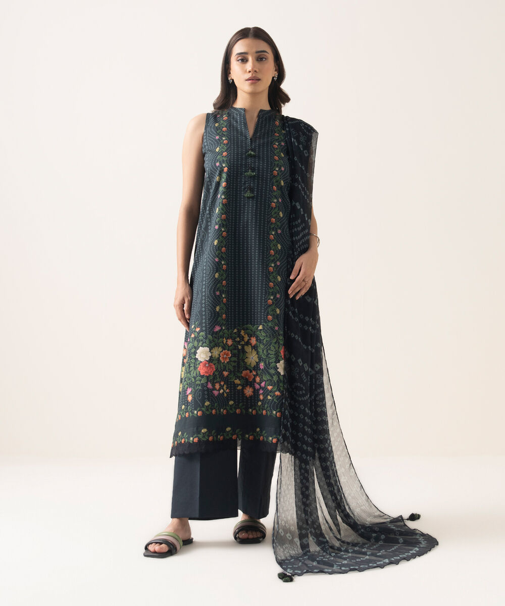 Women's Unstitched Lawn Printed Black 3 Piece Suit