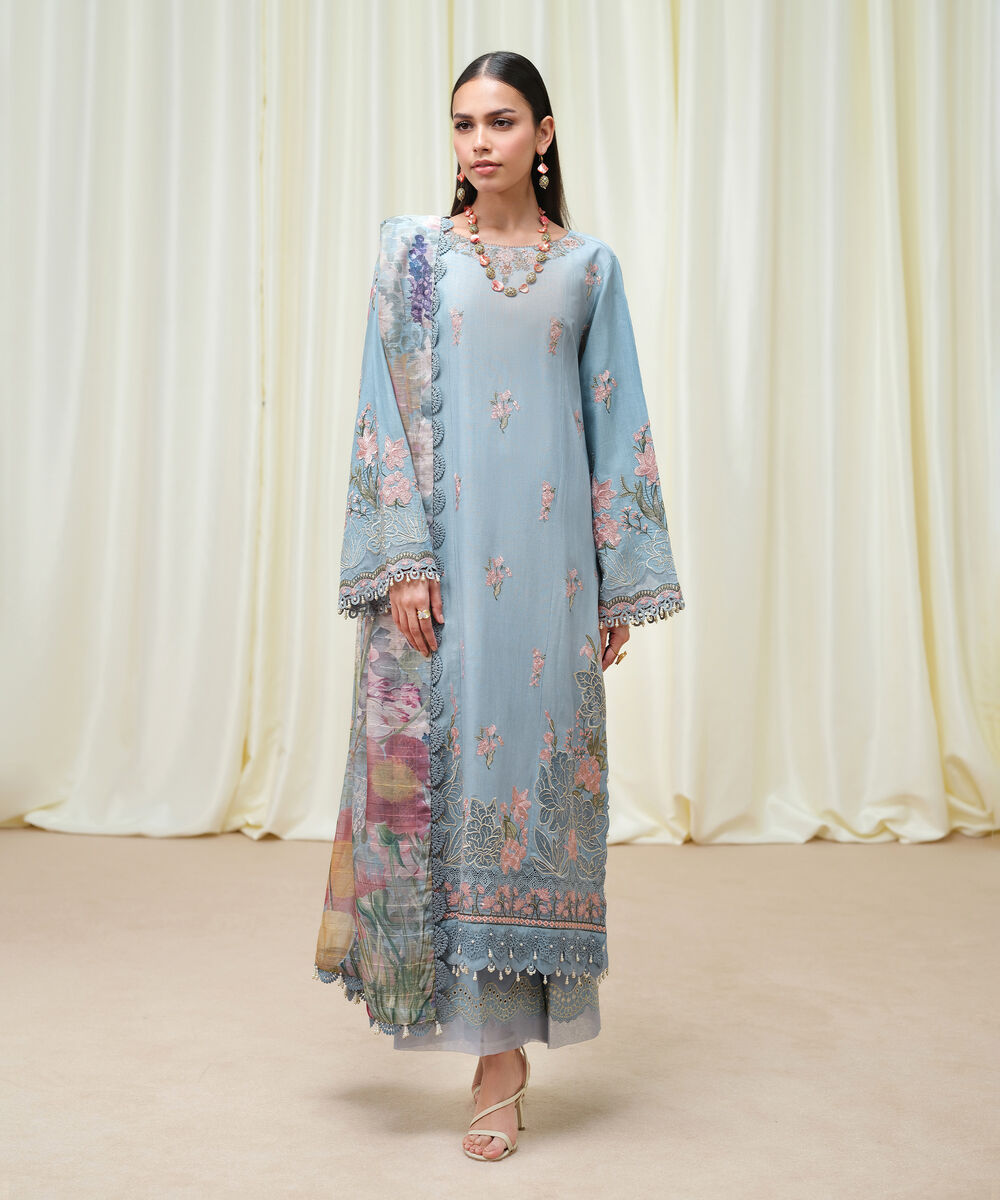 Women's Unstitched Dull Viscose Raw Silk Dyed Three Piece Suit
