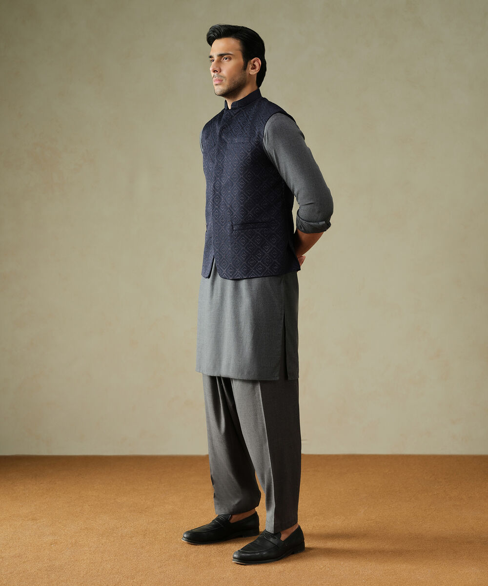 Men's Textured Wash & Wear Embroidered Blue Waist Coat