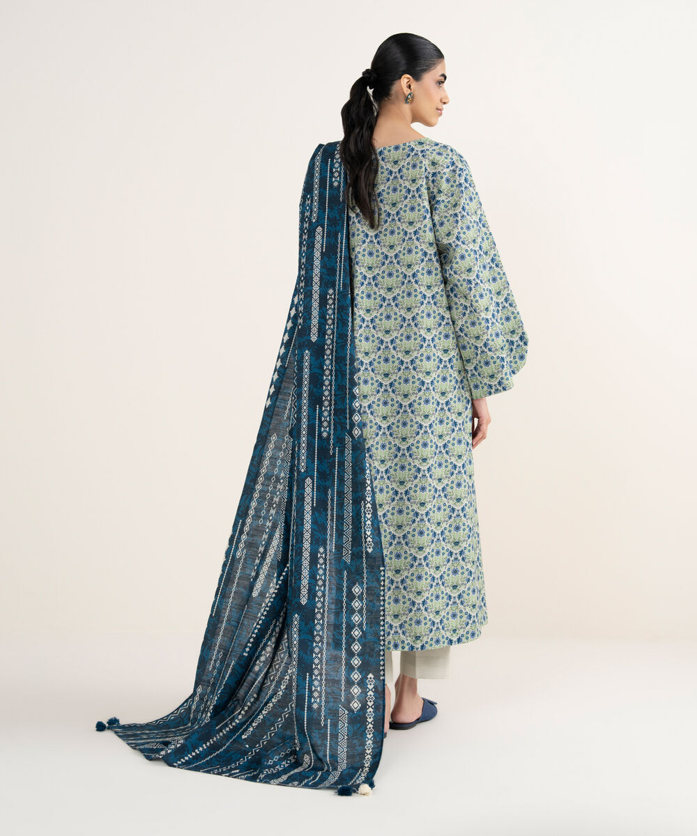 Women's Unstitched Printed Khaddar Off White & Blue 3 Piece Suit