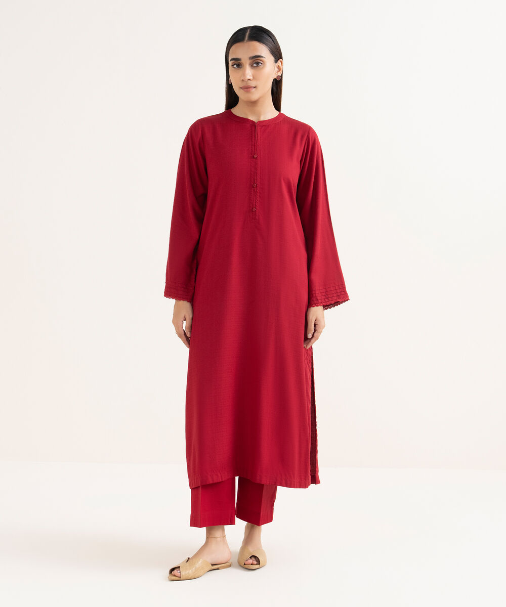 Women's RTW Textured Arabic Red Solid Straight Shirt