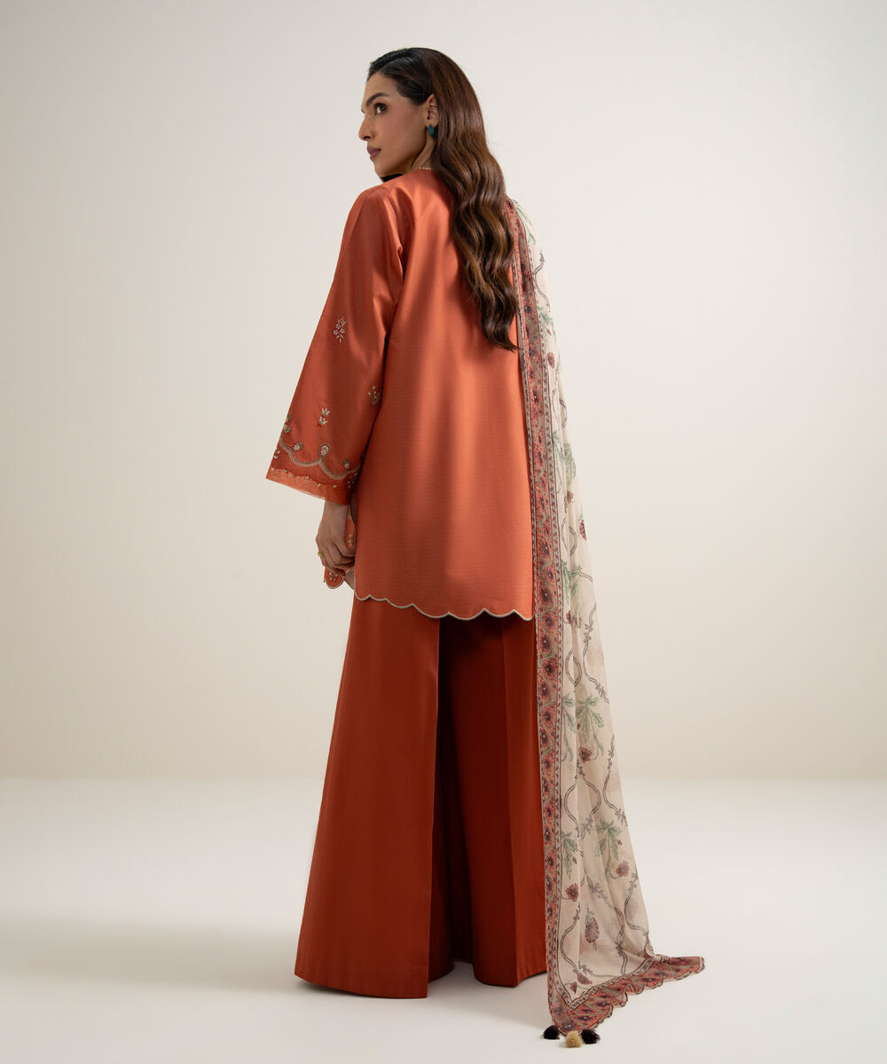 Women's Unstitched Zari Lawn Embroidered Orange 3 Piece Suit