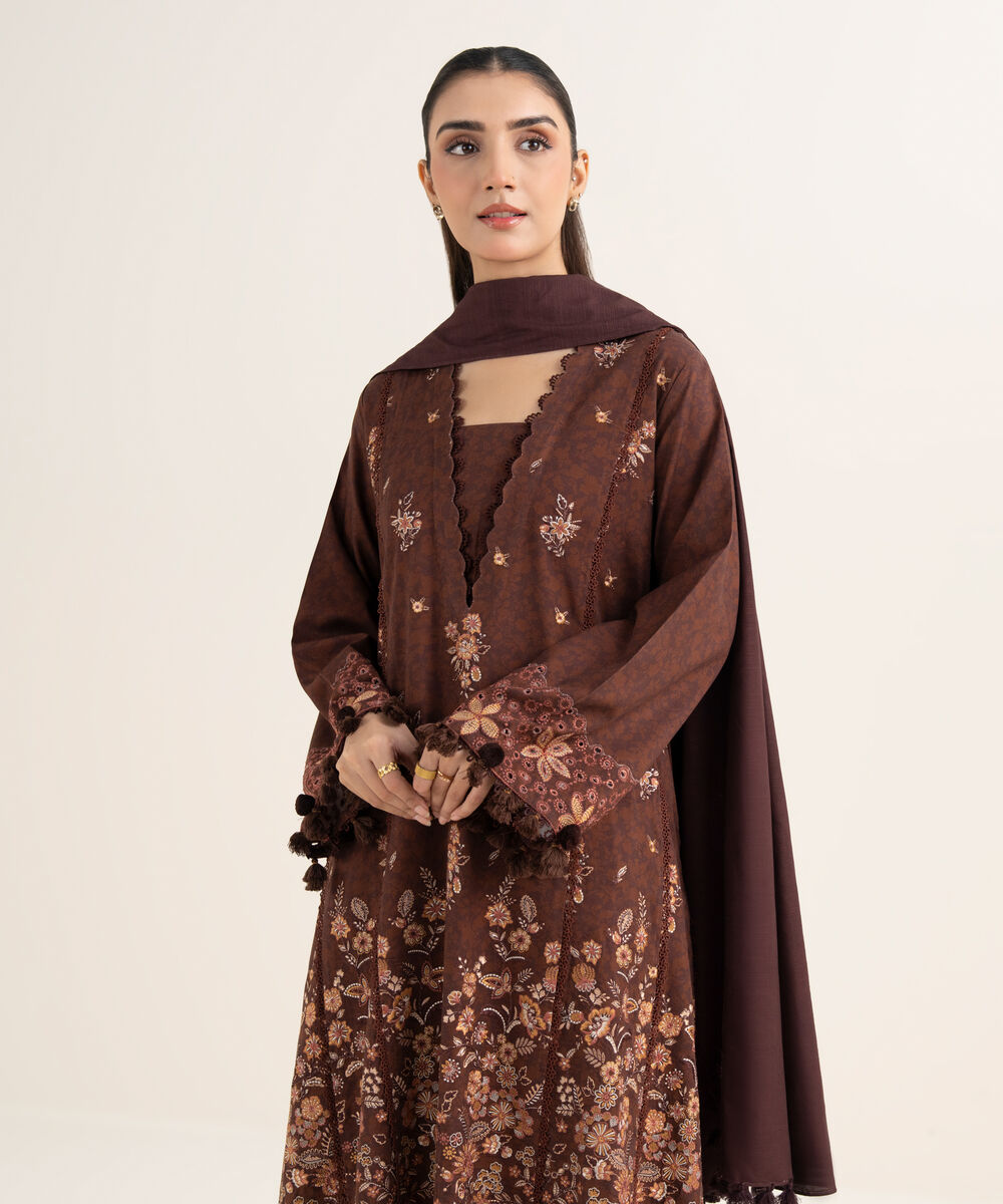 Women's Unstitched Embroidered Twill Brown 3 Piece Suit
