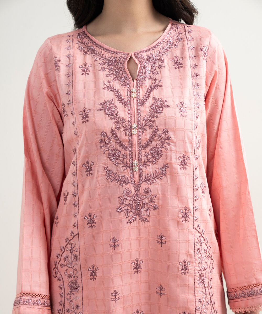 Women's RTW Dobby Embroidered Pink 3 Piece Suit