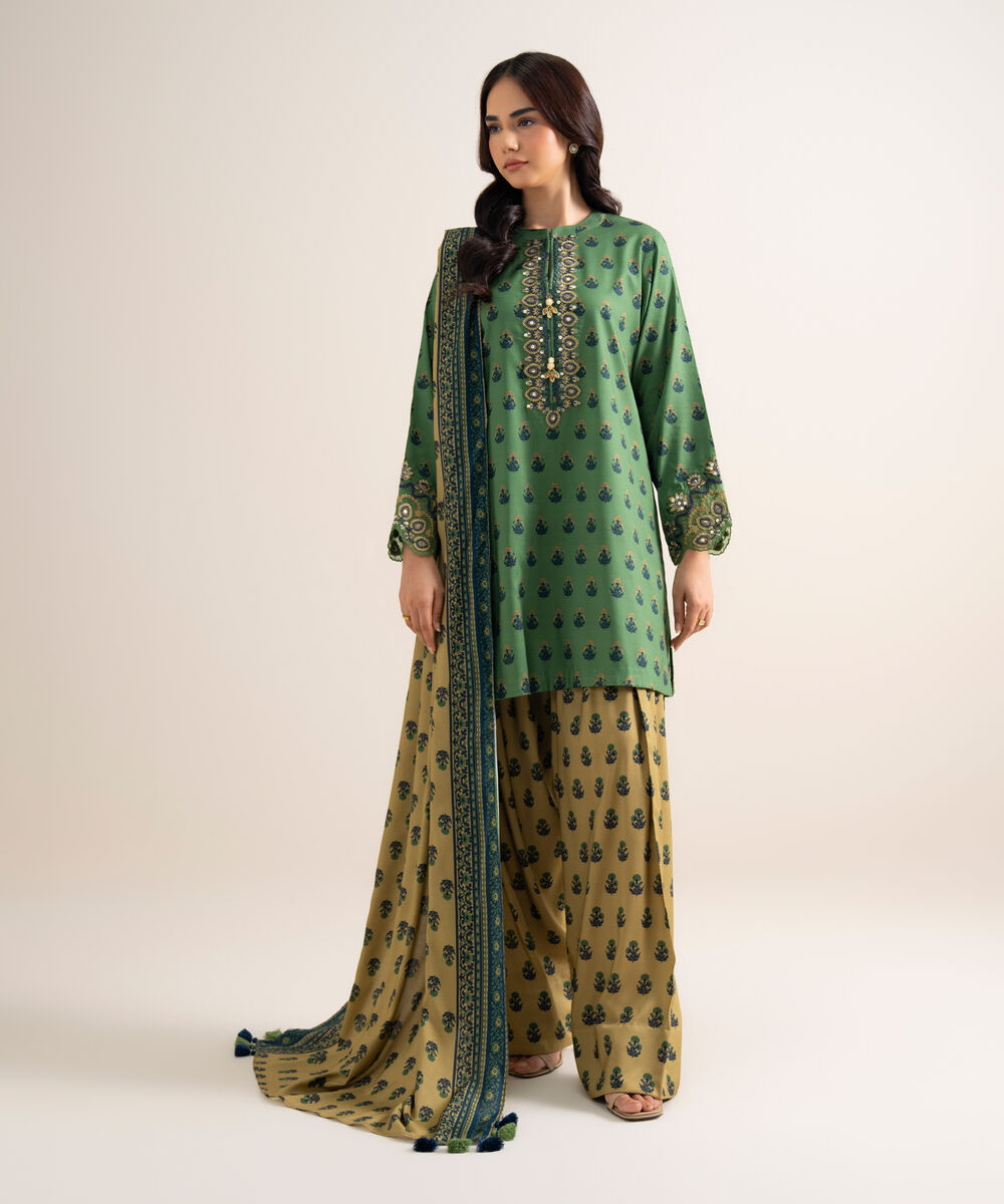 Women's Unstitched Printed Linen Green 3 Piece Suit