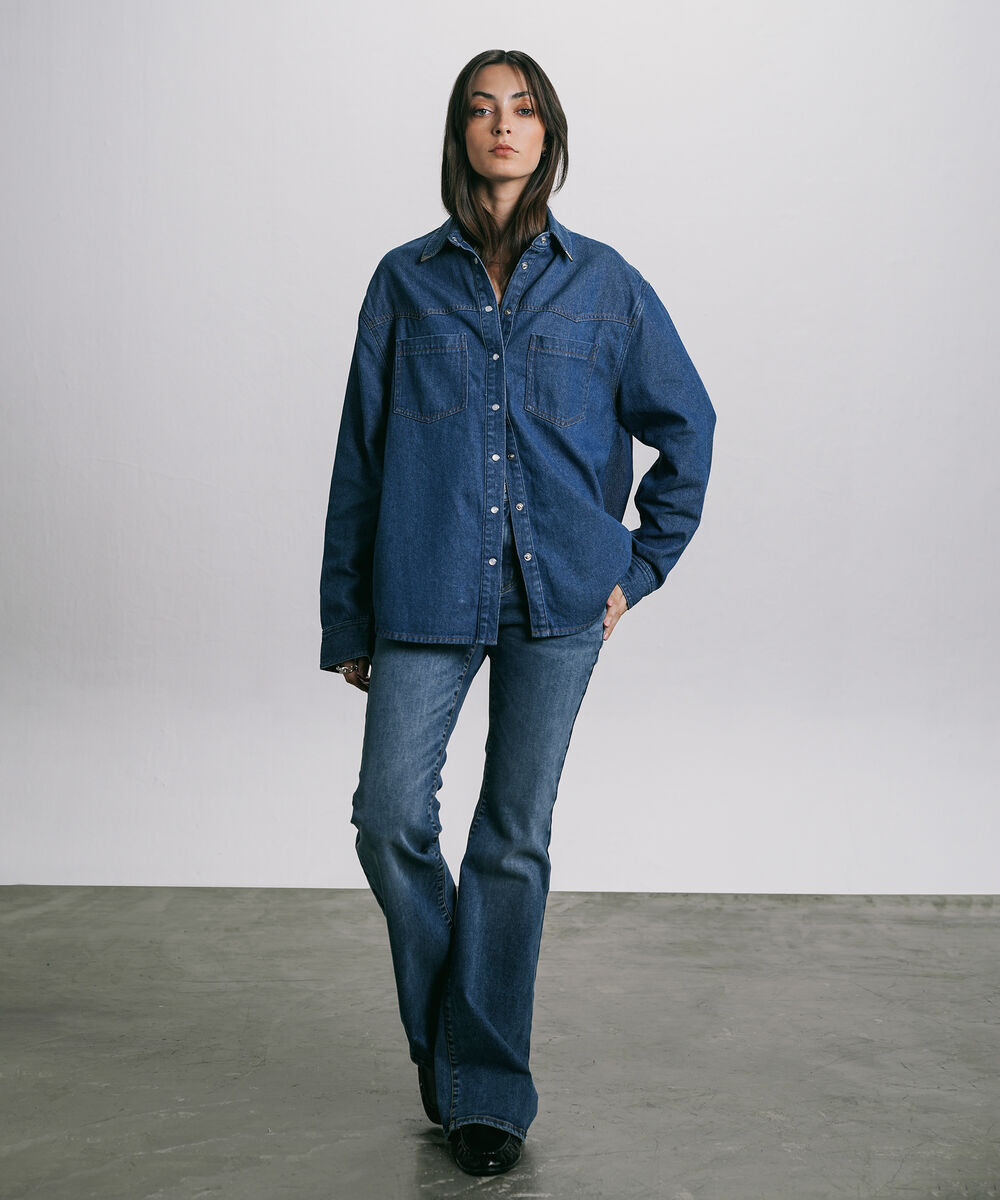 Women's Western Wear Blue Metal Tipped Denim Shirt