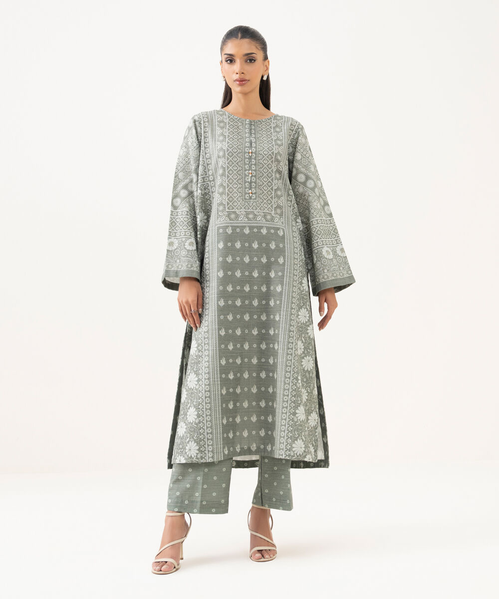 Women's RTW Light Khaddar Printed A-Line Grey Shirt