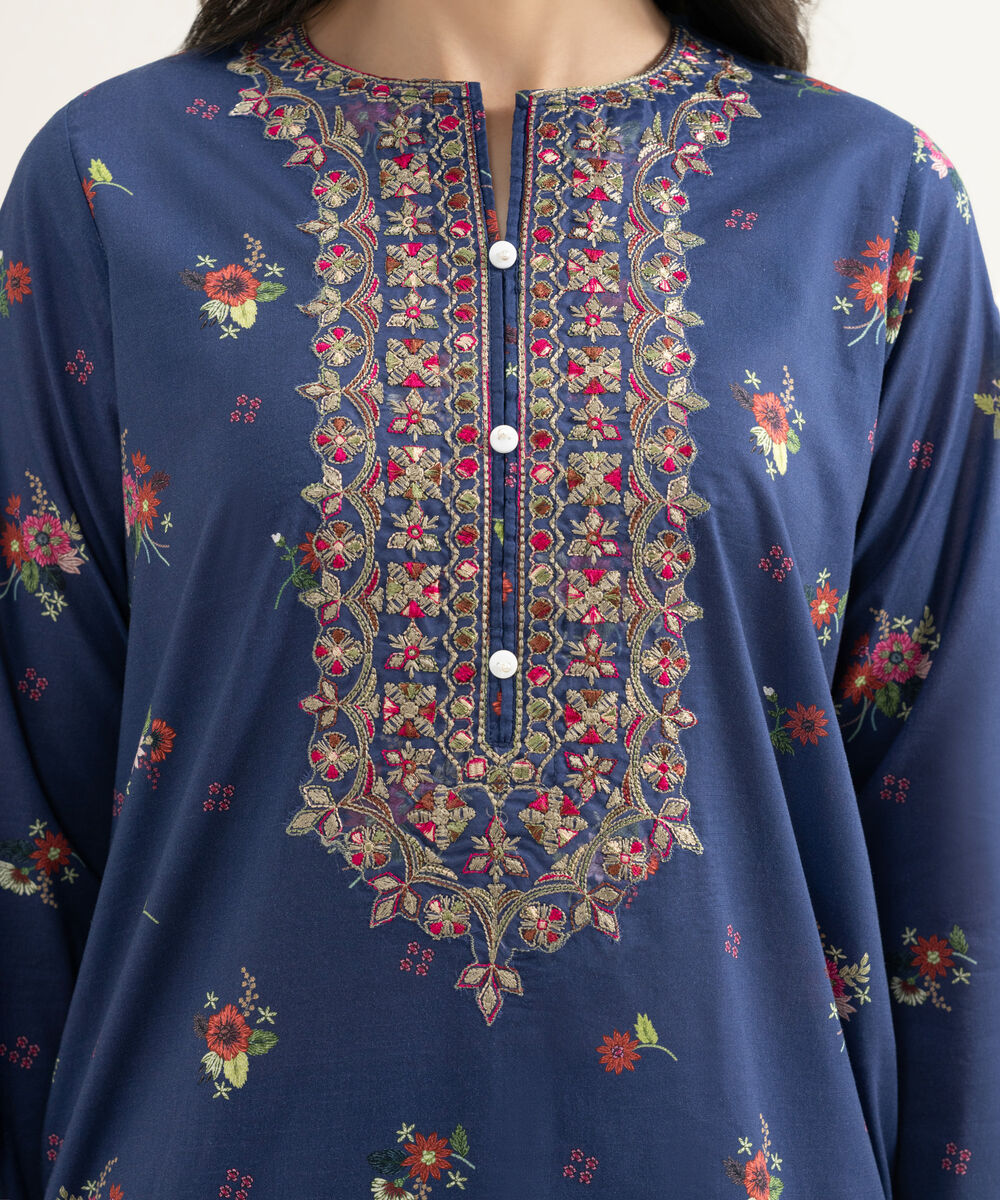 Women's RTW Slub Lawn Embroidered Blue Straight Shirt