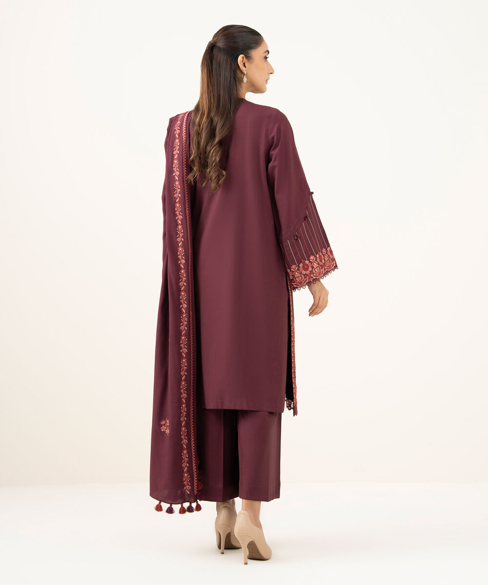 Women's Unstitched Embroidered Linen Maroon 3 Piece Suit