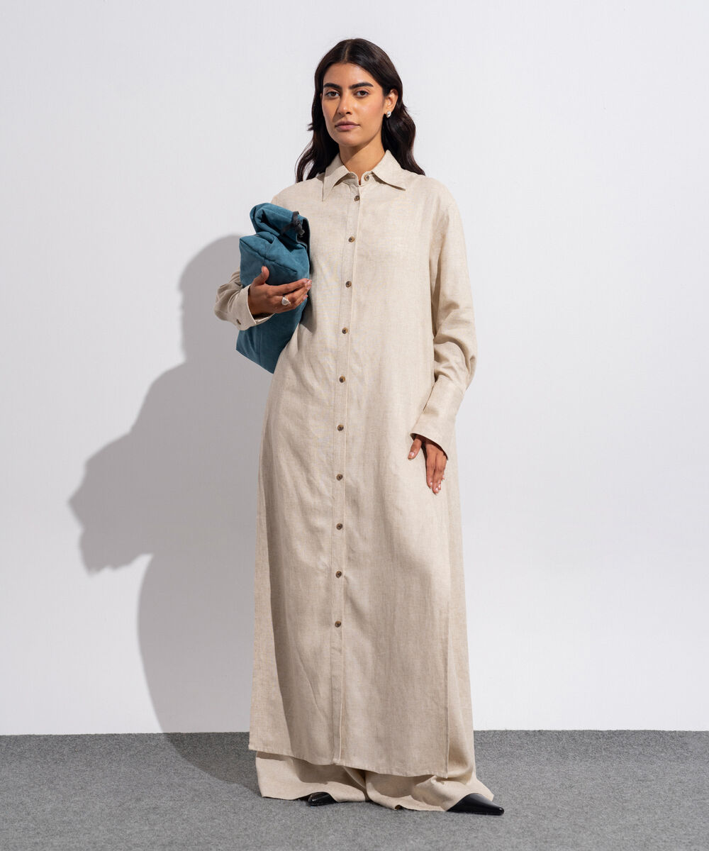 Women's Western Wear Beige Linen Blend Long Shirt