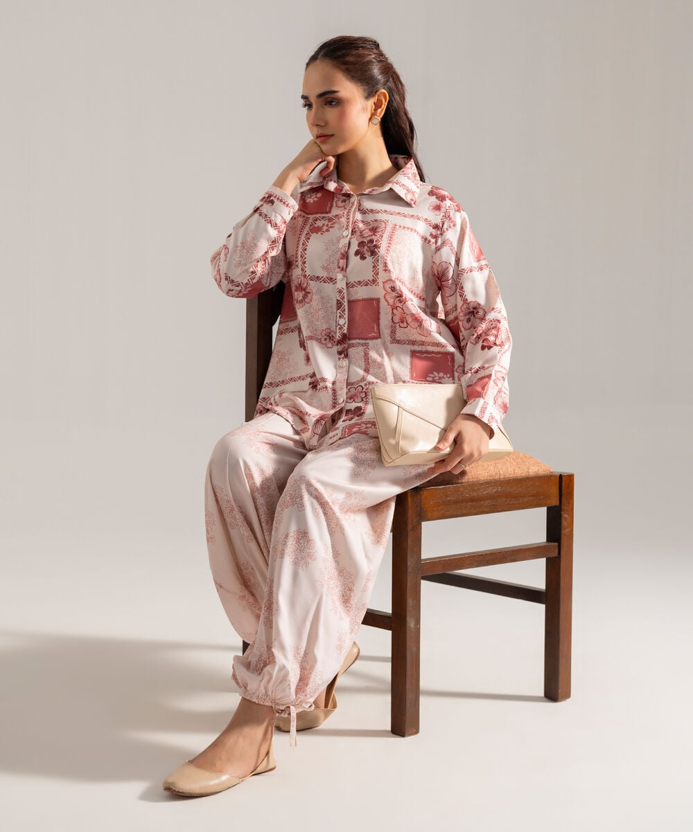 Women's RTW Printed Pink Viscose Linen 2 Piece Suit