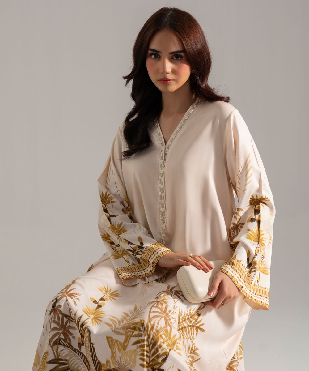 Women's RTW Printed Off White Viscose Linen 2 Piece Suit