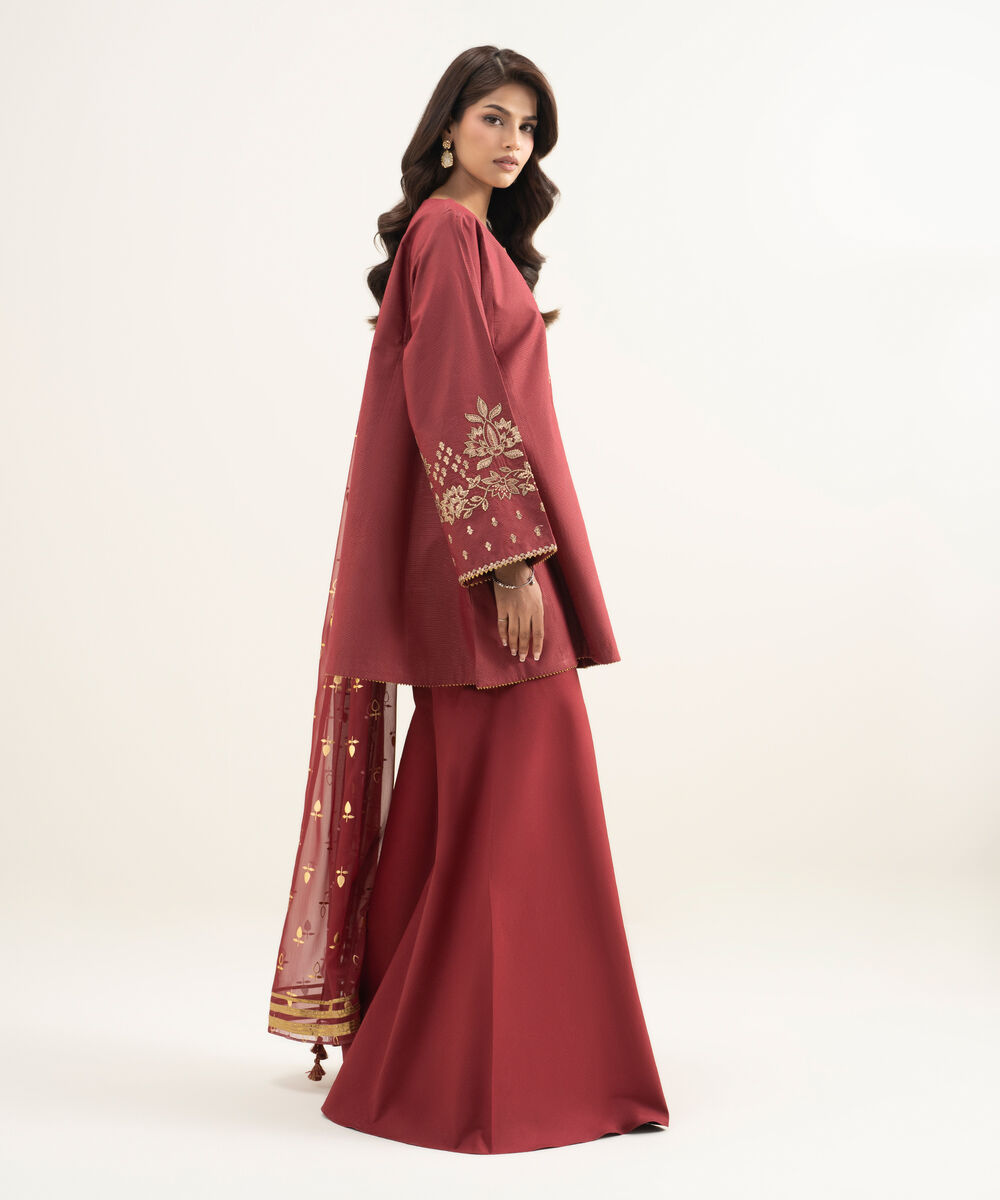 Women's Unstitched Zari Lawn Embroidered Red 3 Piece Suit