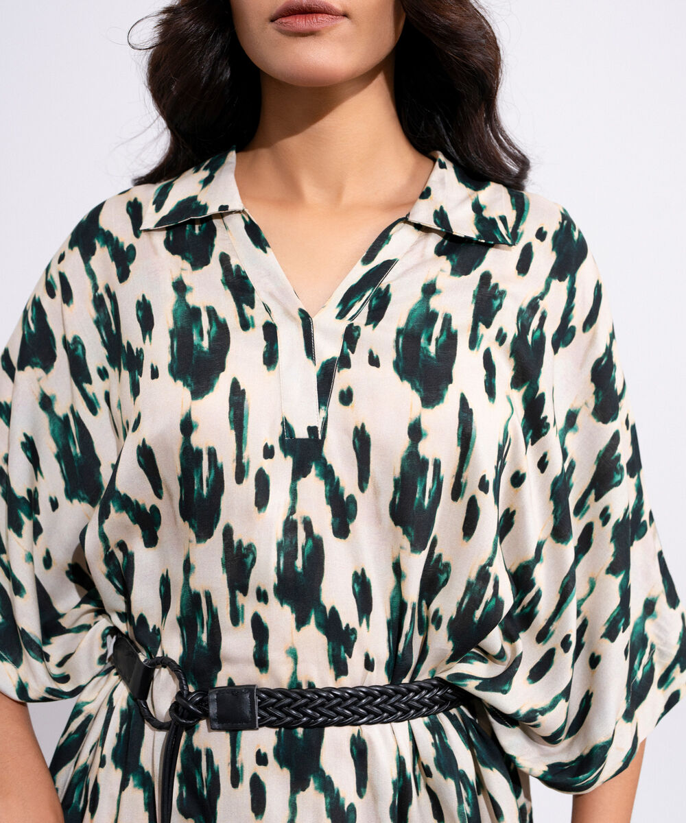 Women's Multicoloured Printed Kimono Dress With Leather Belt