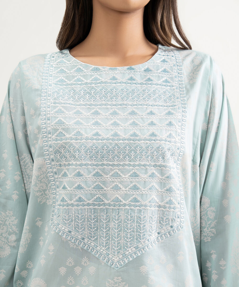 Women's RTW Lawn Embroidered Blue Boxy Shirt