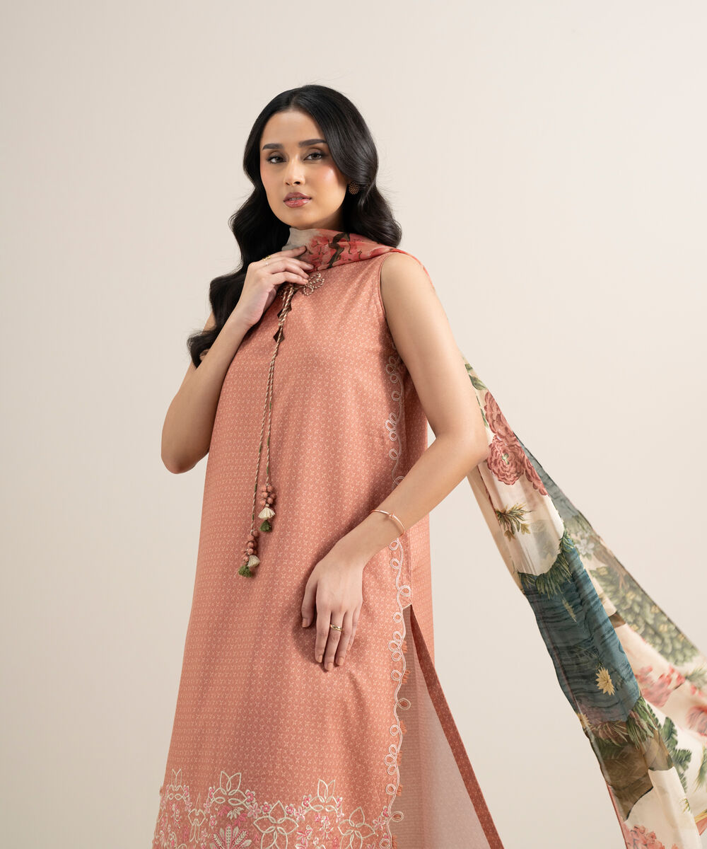 Women's Unstitched Dobby Embroidered Peach 3 Piece Suit