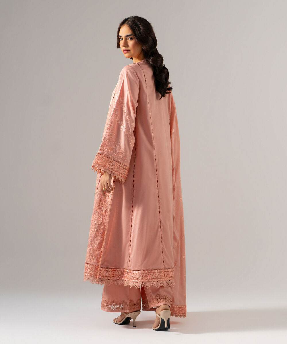 Women's RTW Cotton Satin Solid Embroidered Pink 3 Piece Suit