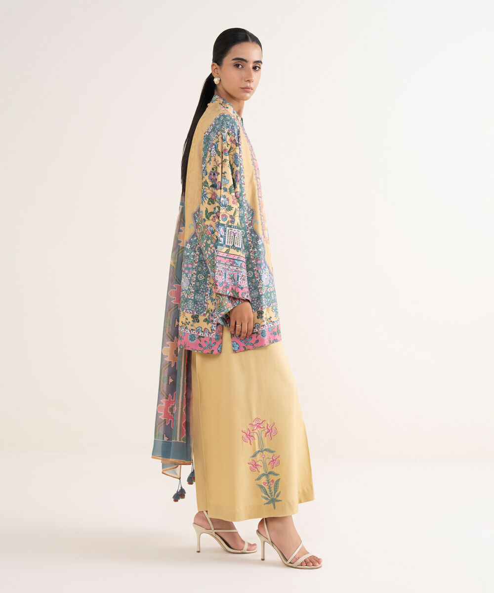 Women's Unstitched Lawn Embroidered Yellow Three Piece Suit