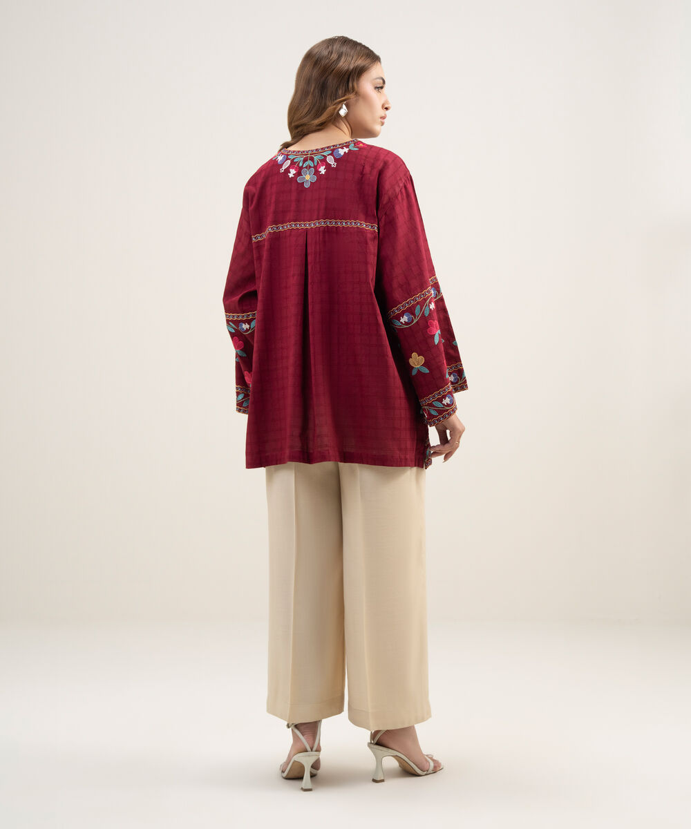 Women's RTW Dobby Embroidered Maroon Drop Shoulder Shirt