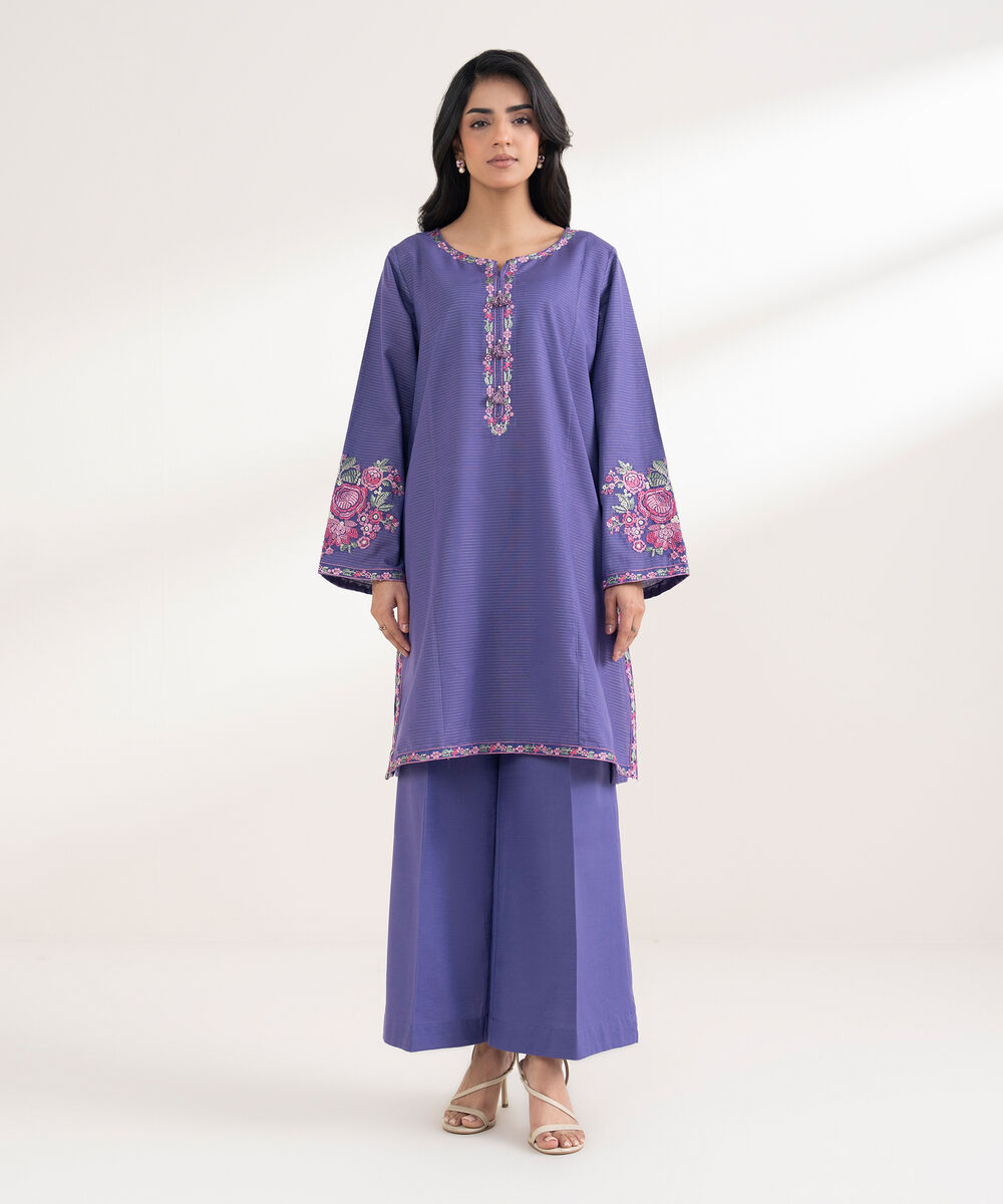 Women's RTW Zari Khaddar Embroidered Purple Straight Shirt