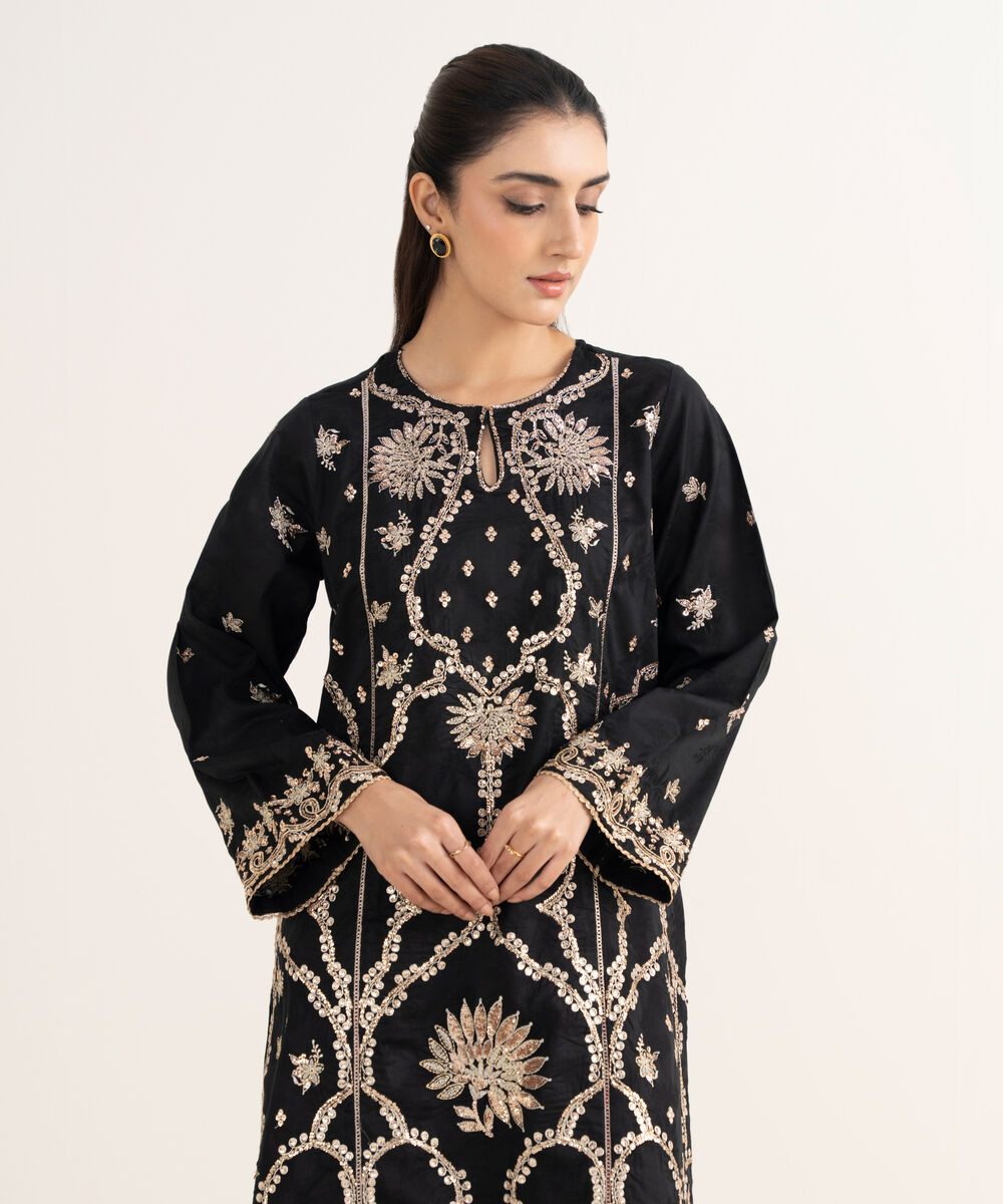 Women's RTW Self Jacquard Leno Embroidered Black A-Line Shirt