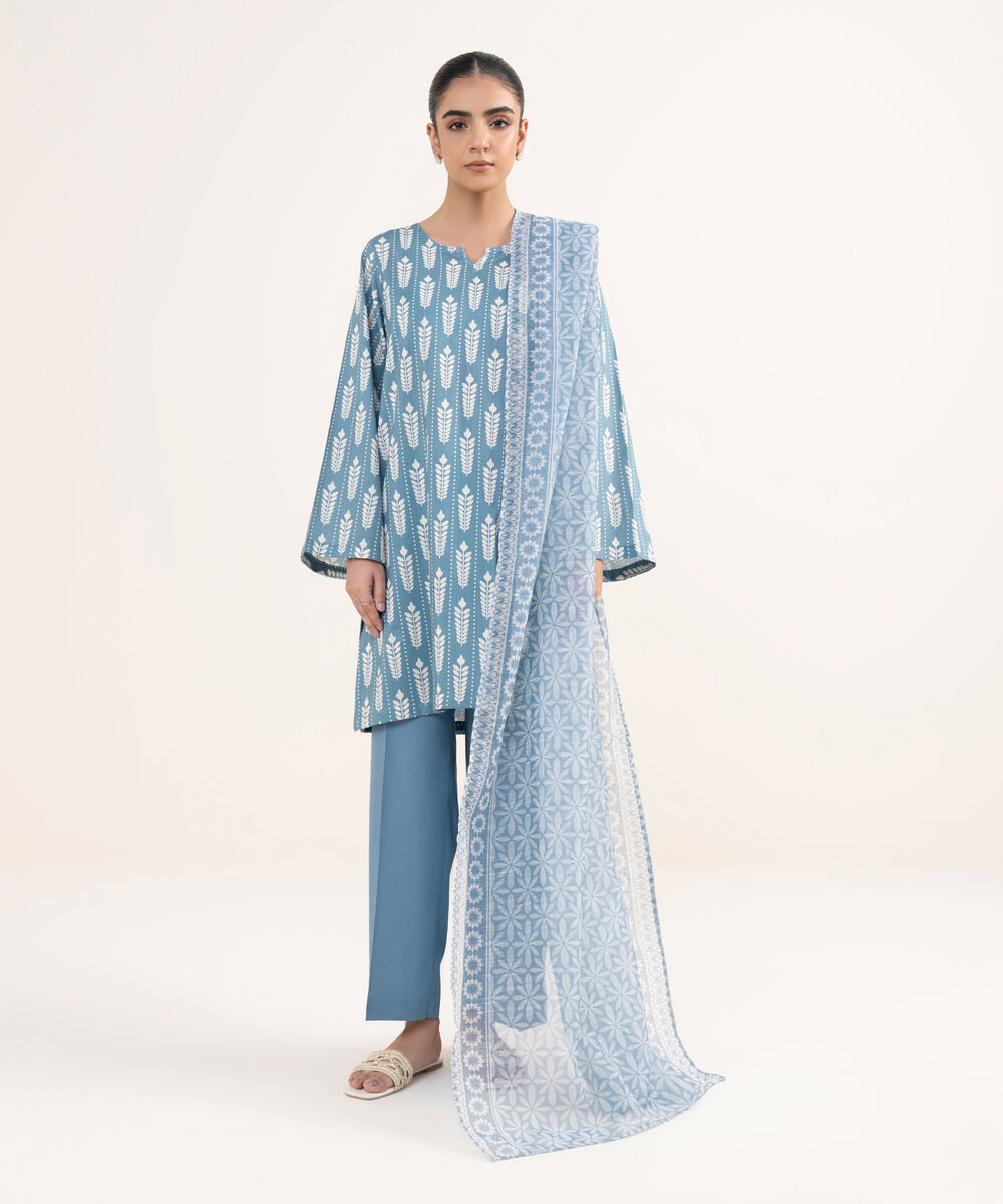 Blended Raw Net Blue Printed Dupatta