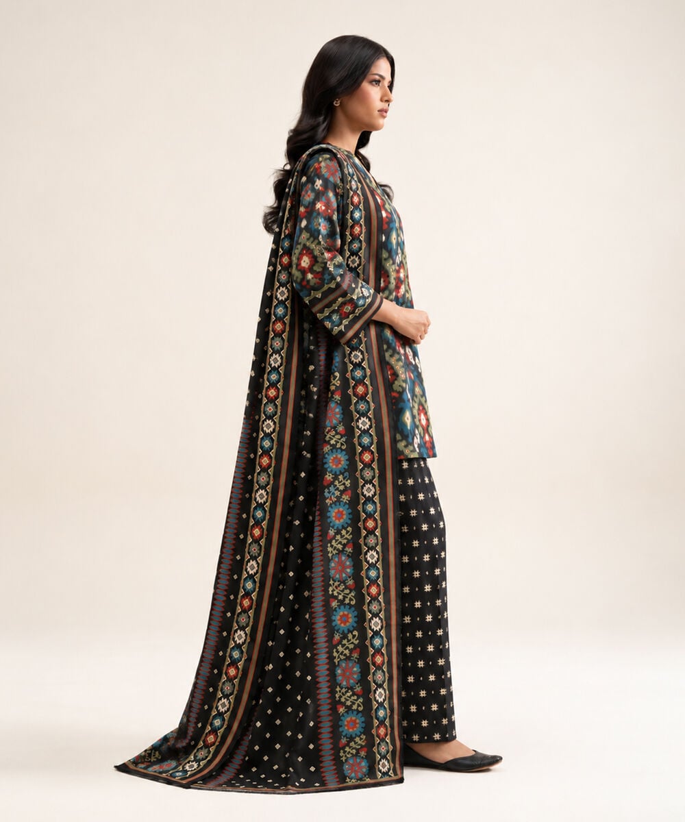 Women's Unstitched Cotton Printed Multi 3 Piece Suit