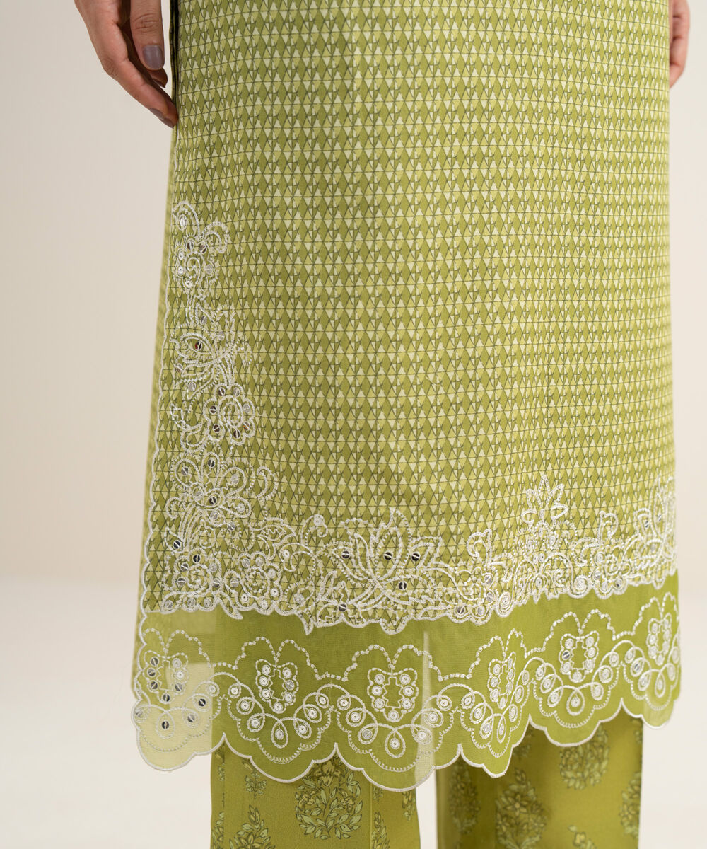 Women's Unstitched Lawn Embroidered Parrot Green 3 Piece Suit