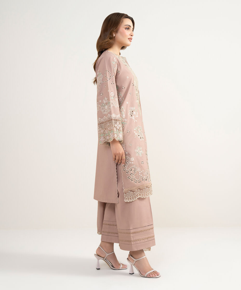Women's Unstitched Lawn Embroidered Beige 3 Piece Suit