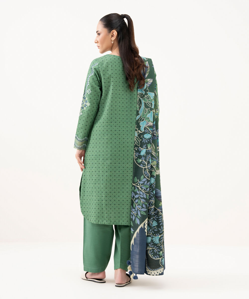 Women's Unstitched Light Khaddar Embroidered Green 3 Piece Suit