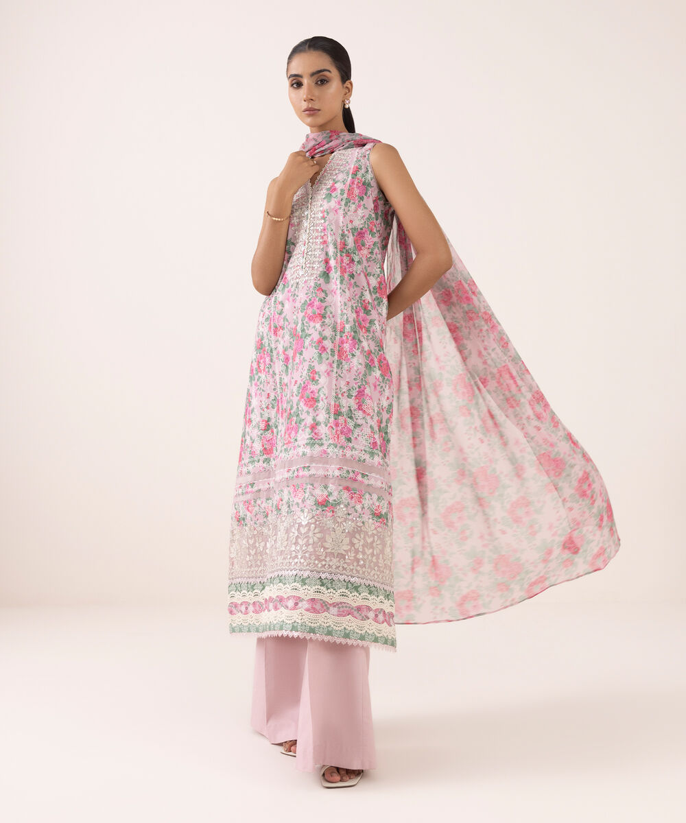 Women's Unstitched Cotton Viscose Embroidered Pink 3 Piece Suit