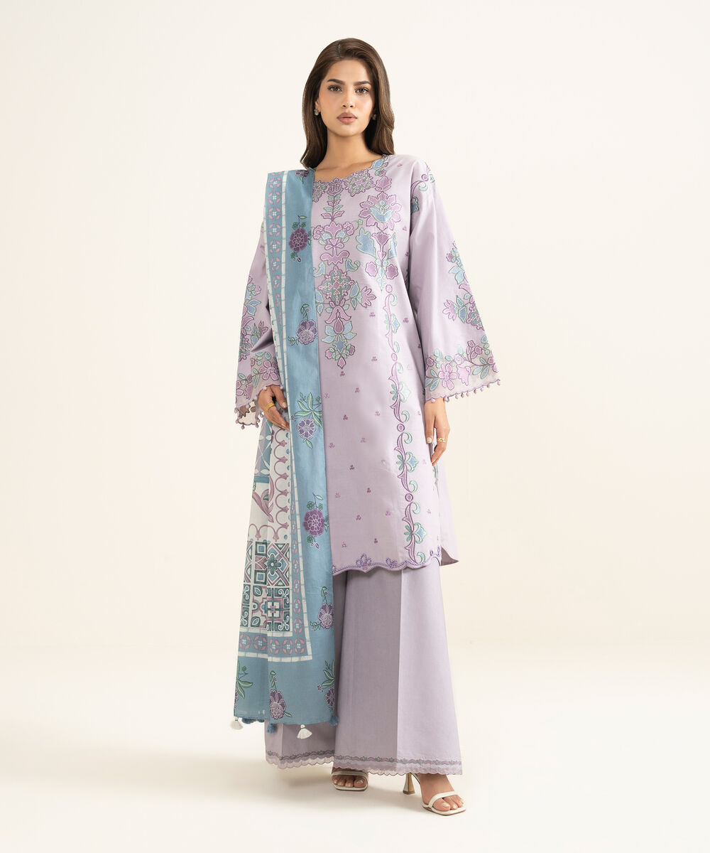 Women's Unstitched Textured Lawn Embroidered Purple 3 Piece Suit
