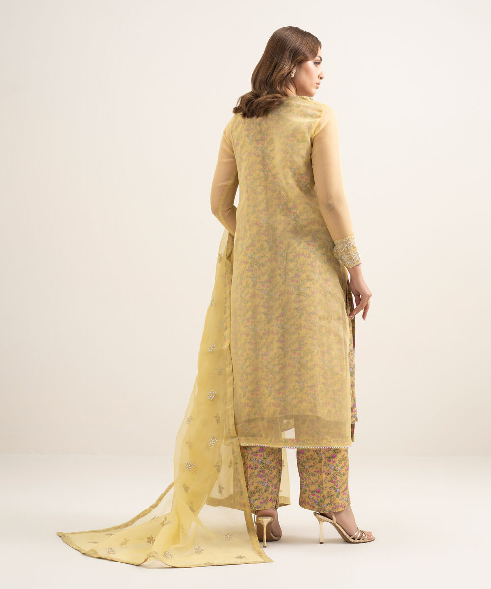 Women's RTW Blended Organza Embroidered Yellow 3 Piece Suit