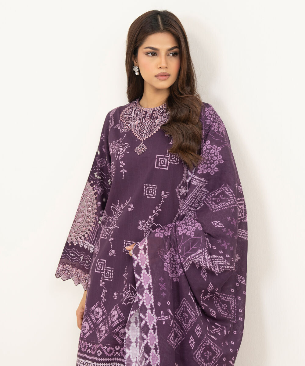 Women's Unstitched Lawn Embroidered Purple 3 Piece Suit