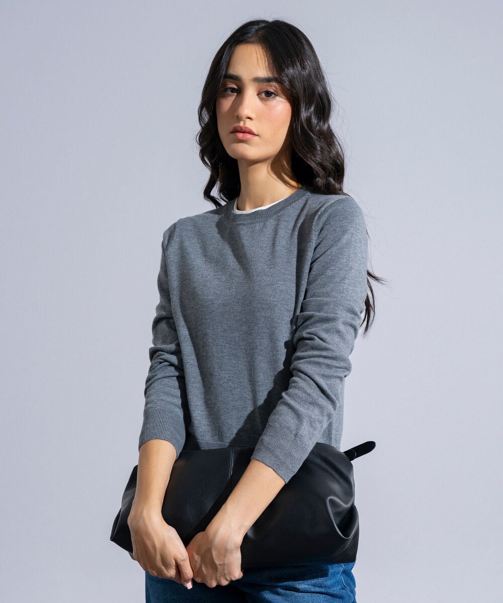 Women's Western Wear Grey Melange Round Neck Knit Sweater