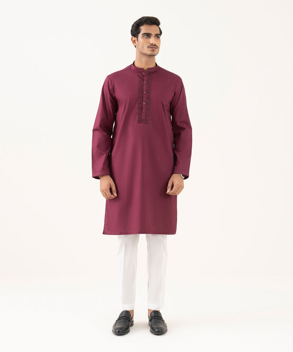 Men's 100% Cotton Embroidered Maroon Kurta