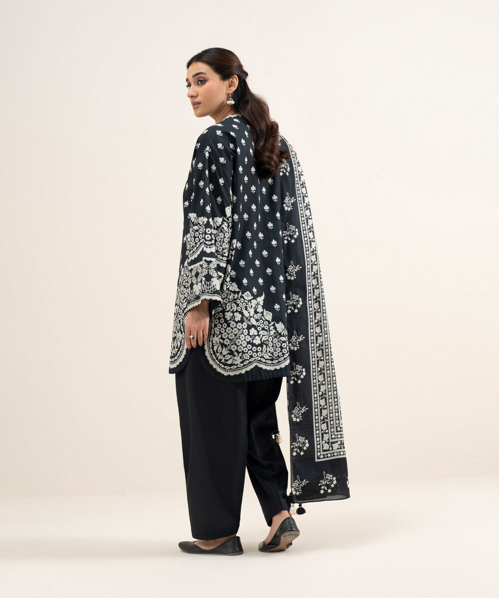 Women's Unstitched Lawn Printed Black and Off White 3 Piece Suit