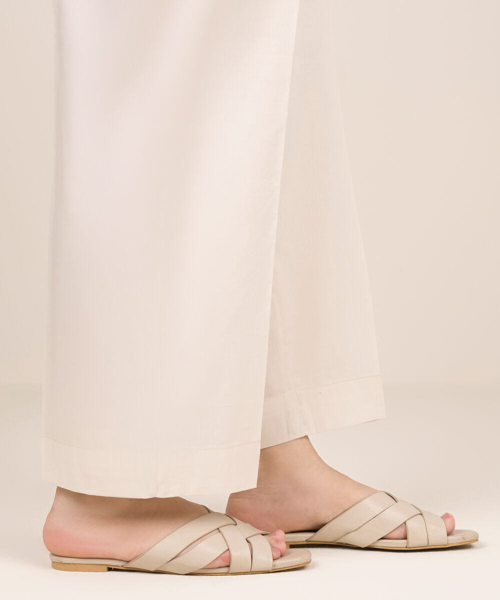 Women's RTW Cotton Viscose Off White Solid Straight Pants