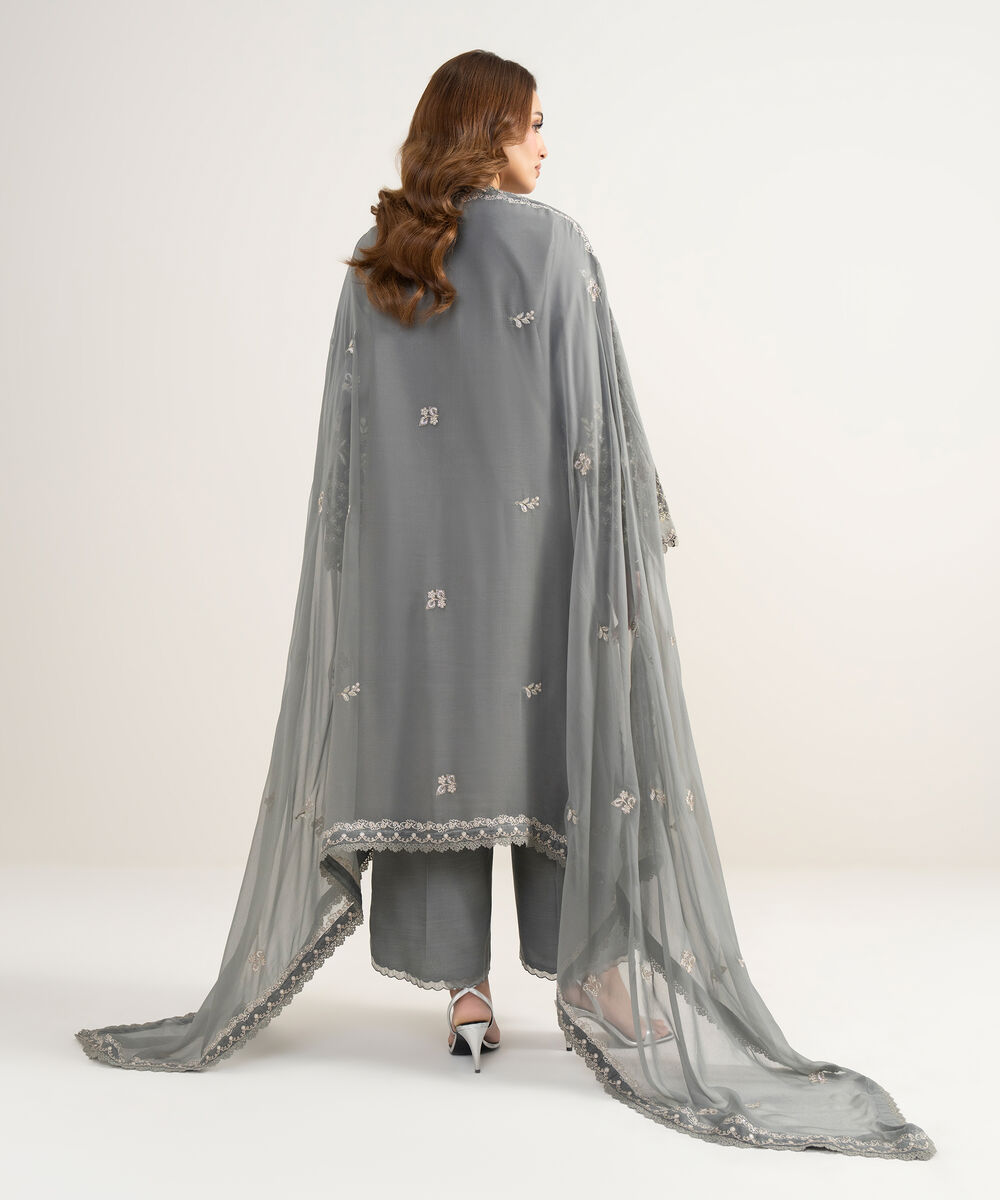 Women's Unstitched Cotton Net Embroidered Grey 3 Piece Suit