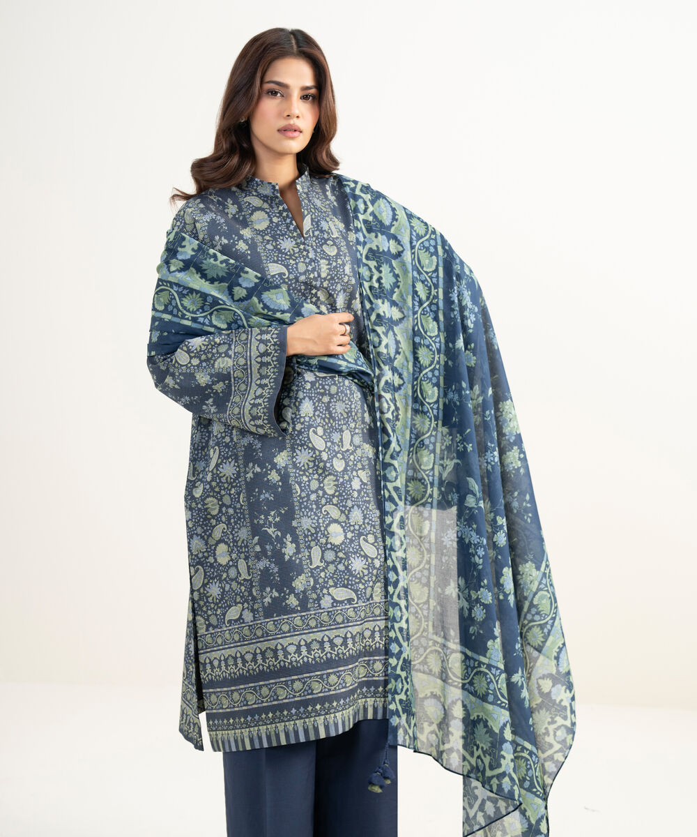 Women's Unstitched Zari Lawn Embroidered Blue 3 Piece Suit