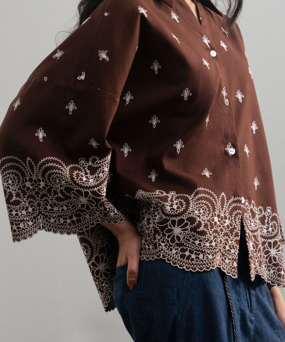 Women's Western Brown Embroidered V-Neck Top