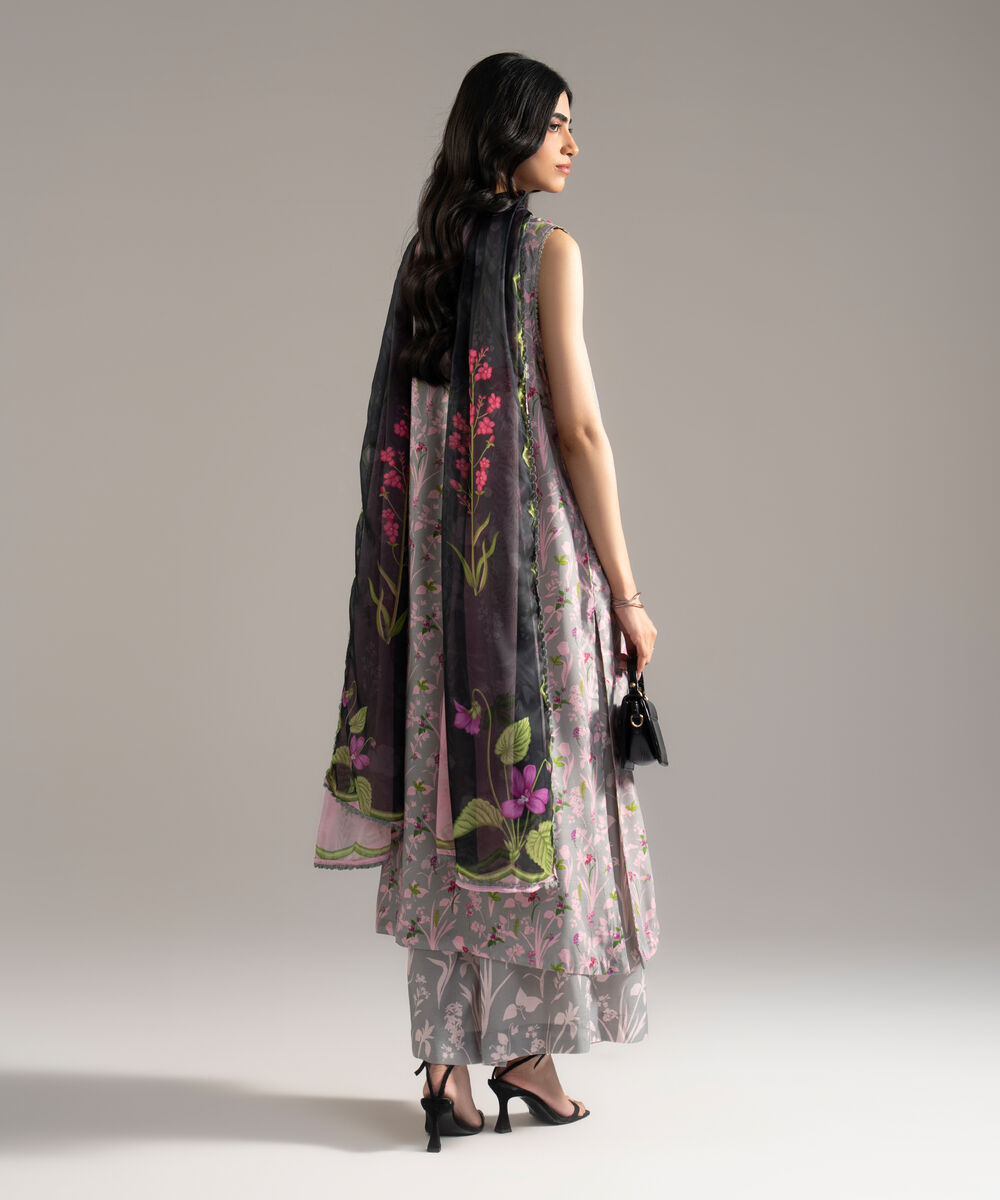 Women's RTW Viscose Raw Silk Printed Grey 3 Piece Suit